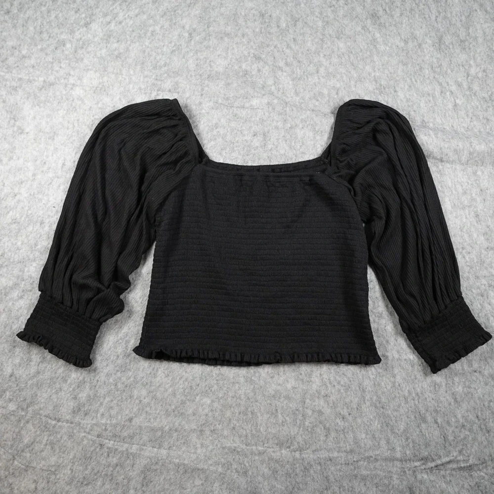 Anthropologie Top Women Large Black Smocked Ribbed Puff Sleeve Square Neck Crop